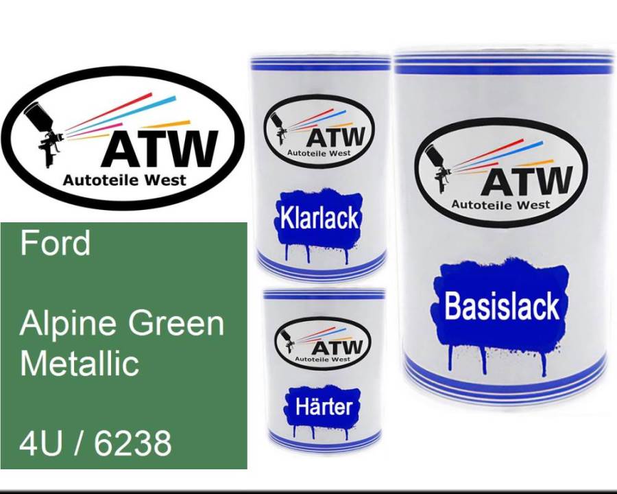 Ford, Alpine Green Metallic, 4U / 6238: 500ml Lackdose + 500ml Klarlack + 250ml Härter - Set, von ATW Autoteile West.